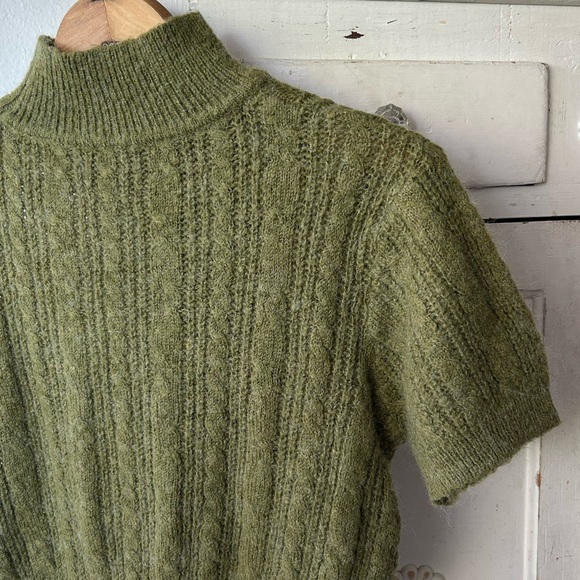 Cider | Women’s Olive Green Short Sleeve Cable Knit Mock Neck Sweater Size 0XL - Picture 9 of 16